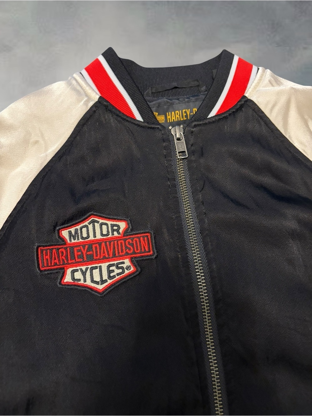 Harley-Davidson Black and Cream Varsity Bomber Jacket with Red Trim image 3